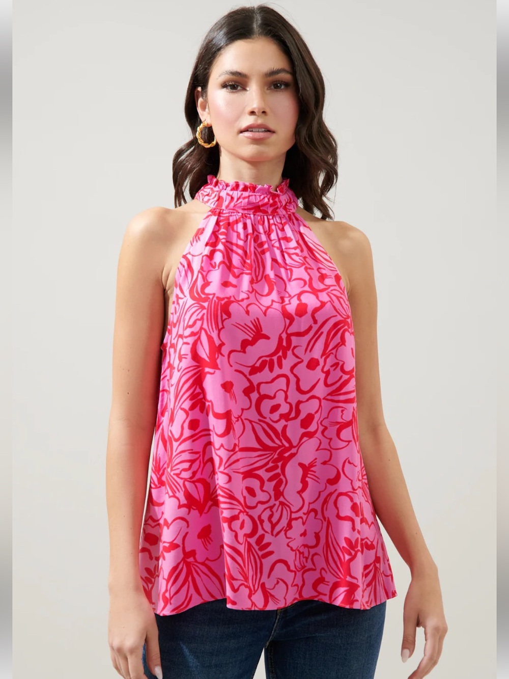 Sugarlips Pink and Red Halter Top Malia Floral Malpais Shirred Trapeze